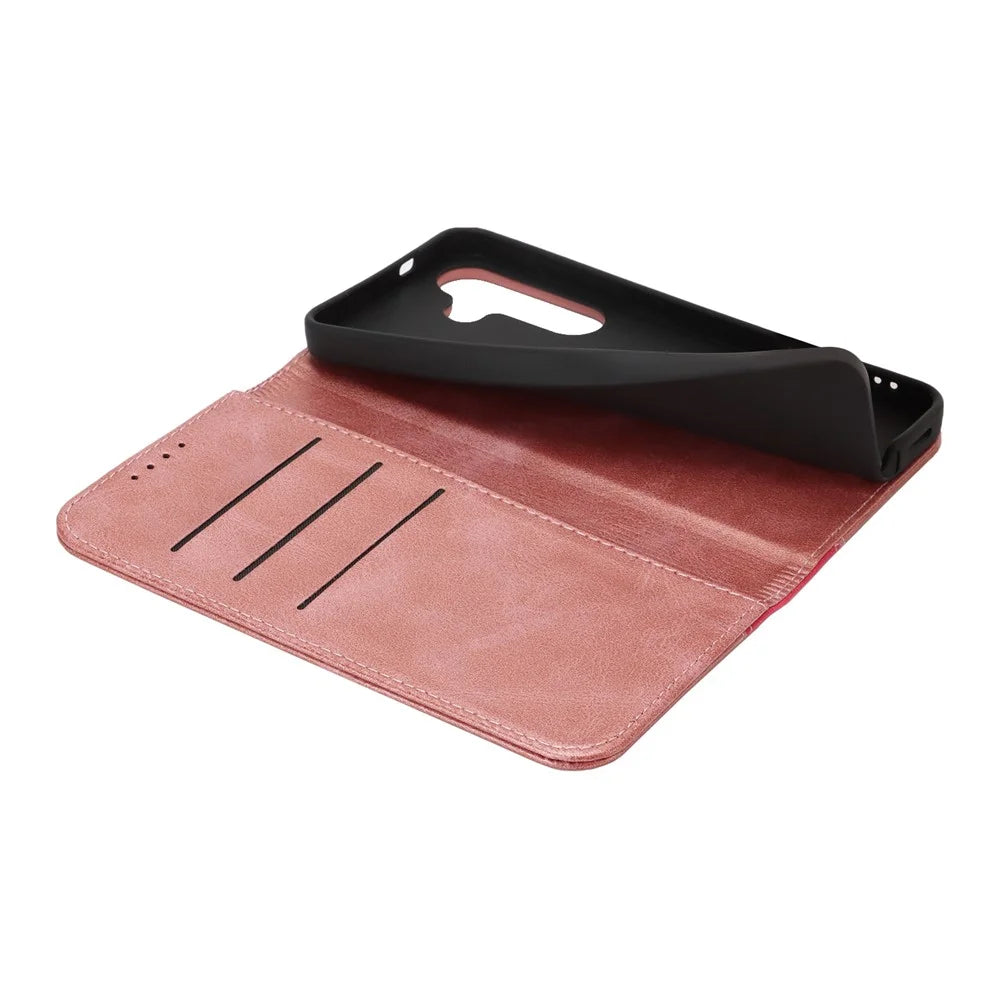 For Samsung Galaxy S25 Case Calf Texture 3 Card Slots Color Splicing Leather Phone Cover - Rose Gold + Rose - 5