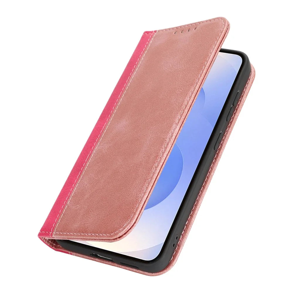 For Samsung Galaxy S25 Case Calf Texture 3 Card Slots Color Splicing Leather Phone Cover - Rose Gold + Rose - 6