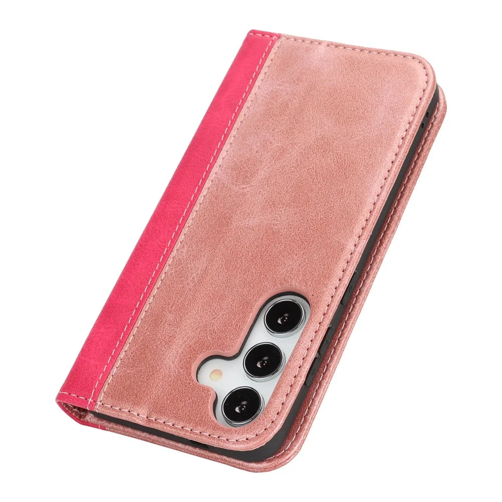 For Samsung Galaxy S25 Case Calf Texture 3 Card Slots Color Splicing Leather Phone Cover - Rose Gold + Rose - 7