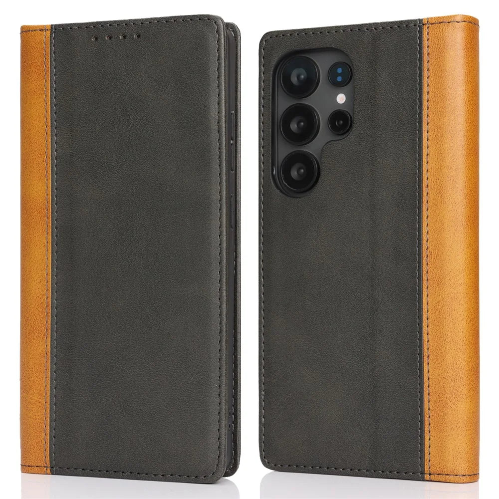 For Samsung Galaxy S25 Ultra Case Calf Texture 3 Card Slots Color Splicing Leather Phone Cover - Black + Yellow - 1
