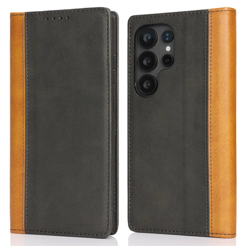 For Samsung Galaxy S25 Ultra Case Calf Texture 3 Card Slots Color Splicing Leather Phone Cover - Black + Yellow - 1