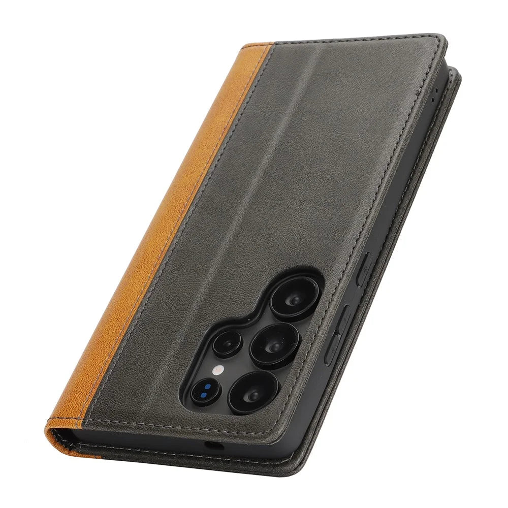 For Samsung Galaxy S25 Ultra Case Calf Texture 3 Card Slots Color Splicing Leather Phone Cover - Black + Yellow - 6