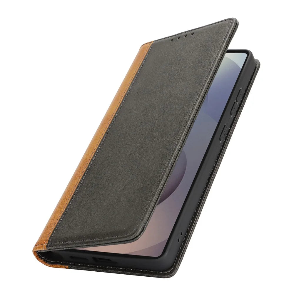 For Samsung Galaxy S25 Ultra Case Calf Texture 3 Card Slots Color Splicing Leather Phone Cover - Black + Yellow - 7