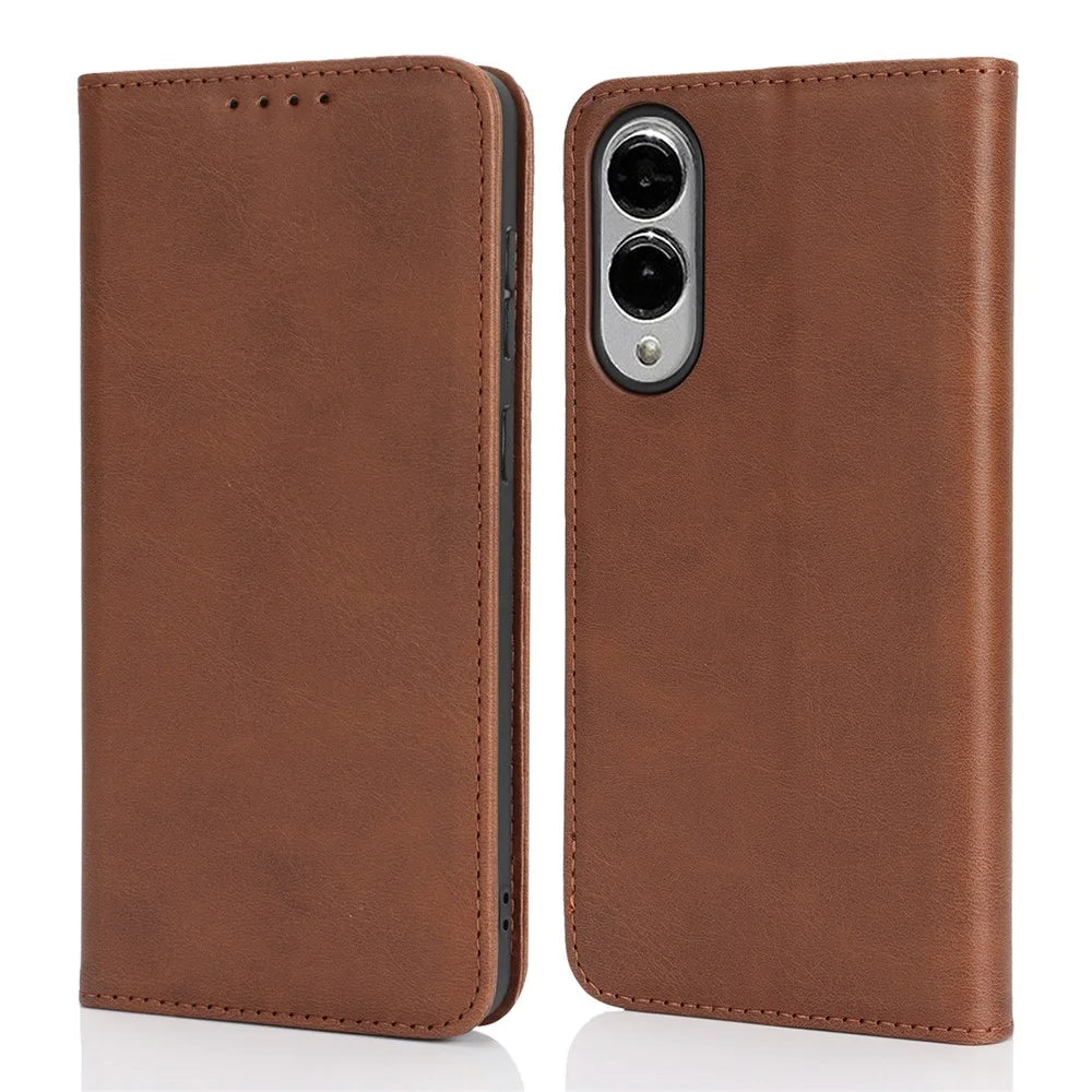 For Samsung Galaxy S25 Edge Case PU Leather Calf Textured Magnetic Closing Smart Phone Cover - Dark Brown - 1