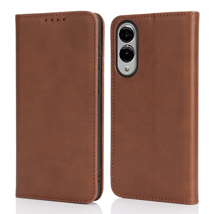 For Samsung Galaxy S25 Edge Case PU Leather Calf Textured Magnetic Closing Smart Phone Cover - Dark Brown - 1