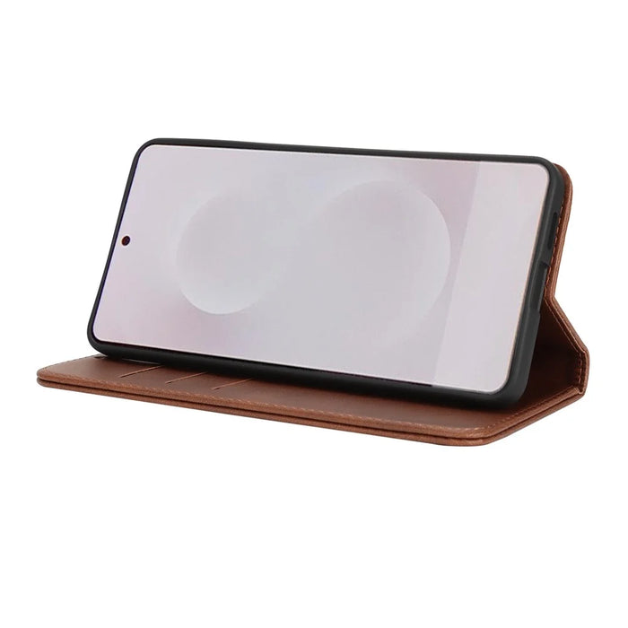 For Samsung Galaxy S25 Edge Case PU Leather Calf Textured Magnetic Closing Smart Phone Cover - Dark Brown - 3