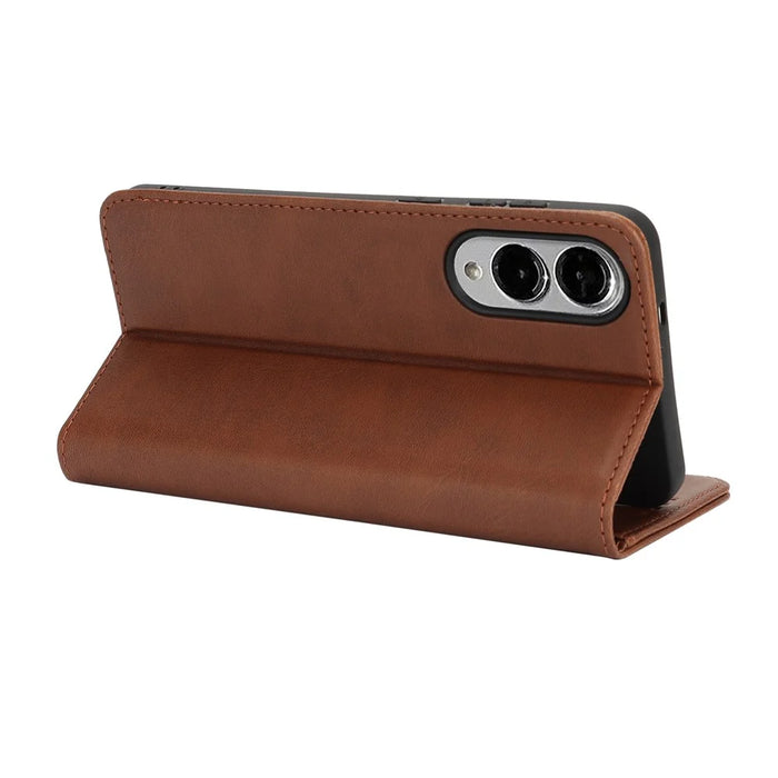 For Samsung Galaxy S25 Edge Case PU Leather Calf Textured Magnetic Closing Smart Phone Cover - Dark Brown - 4