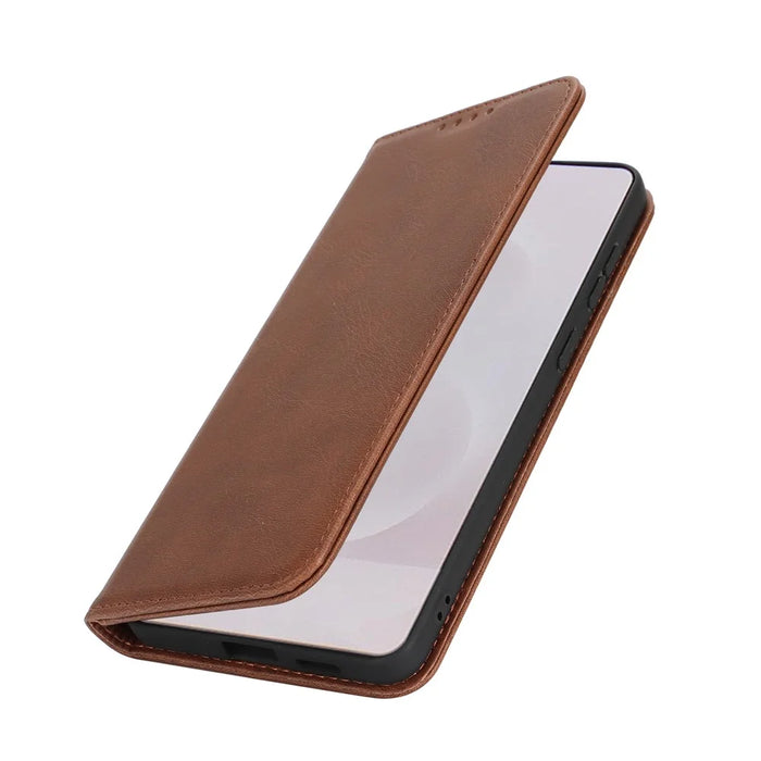 For Samsung Galaxy S25 Edge Case PU Leather Calf Textured Magnetic Closing Smart Phone Cover - Dark Brown - 6