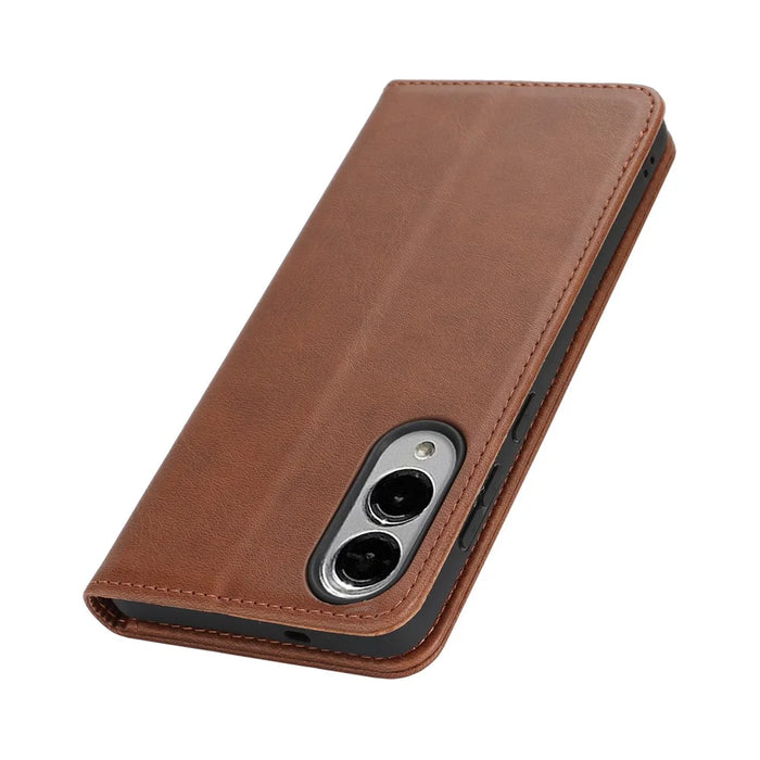 For Samsung Galaxy S25 Edge Case PU Leather Calf Textured Magnetic Closing Smart Phone Cover - Dark Brown - 7