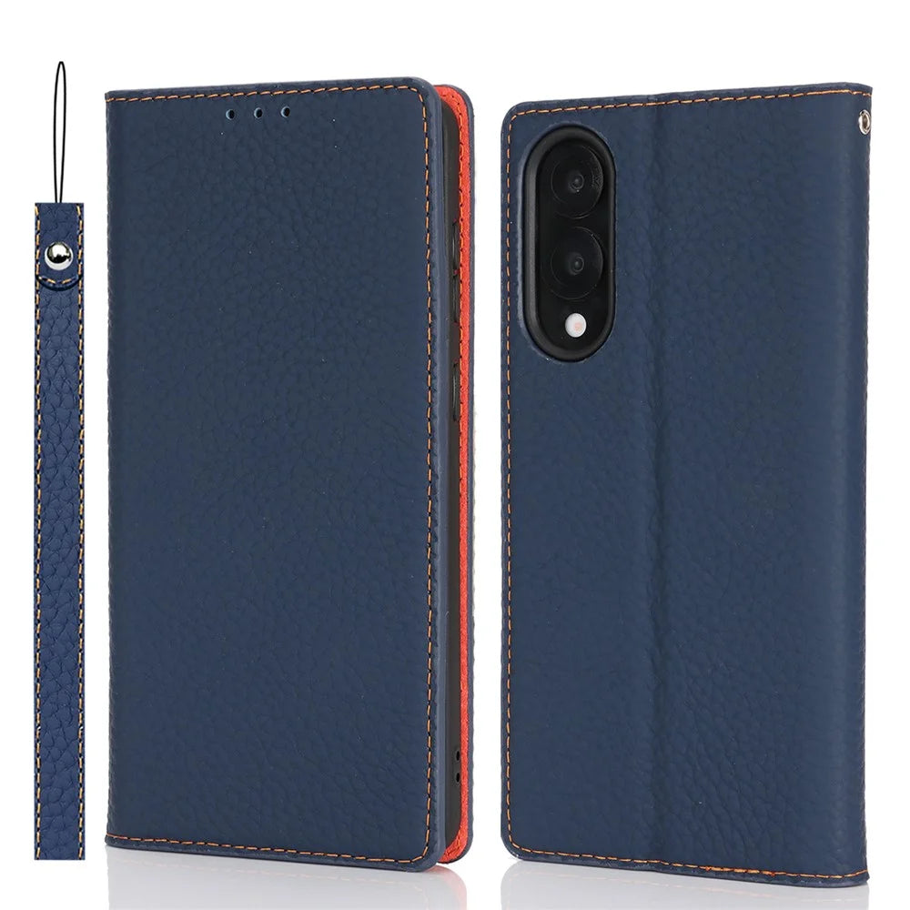For Samsung Galaxy S25 Edge Wallet Case Genuine Cow Leather Phone Cover Litchi Texture - Dark Blue - 1