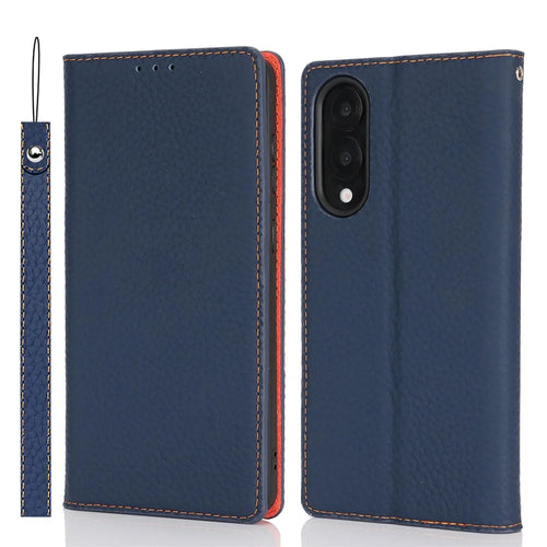 For Samsung Galaxy S25 Edge Wallet Case Genuine Cow Leather Phone Cover Litchi Texture - Dark Blue - 1