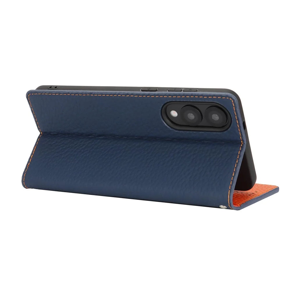 For Samsung Galaxy S25 Edge Wallet Case Genuine Cow Leather Phone Cover Litchi Texture - Dark Blue - 4