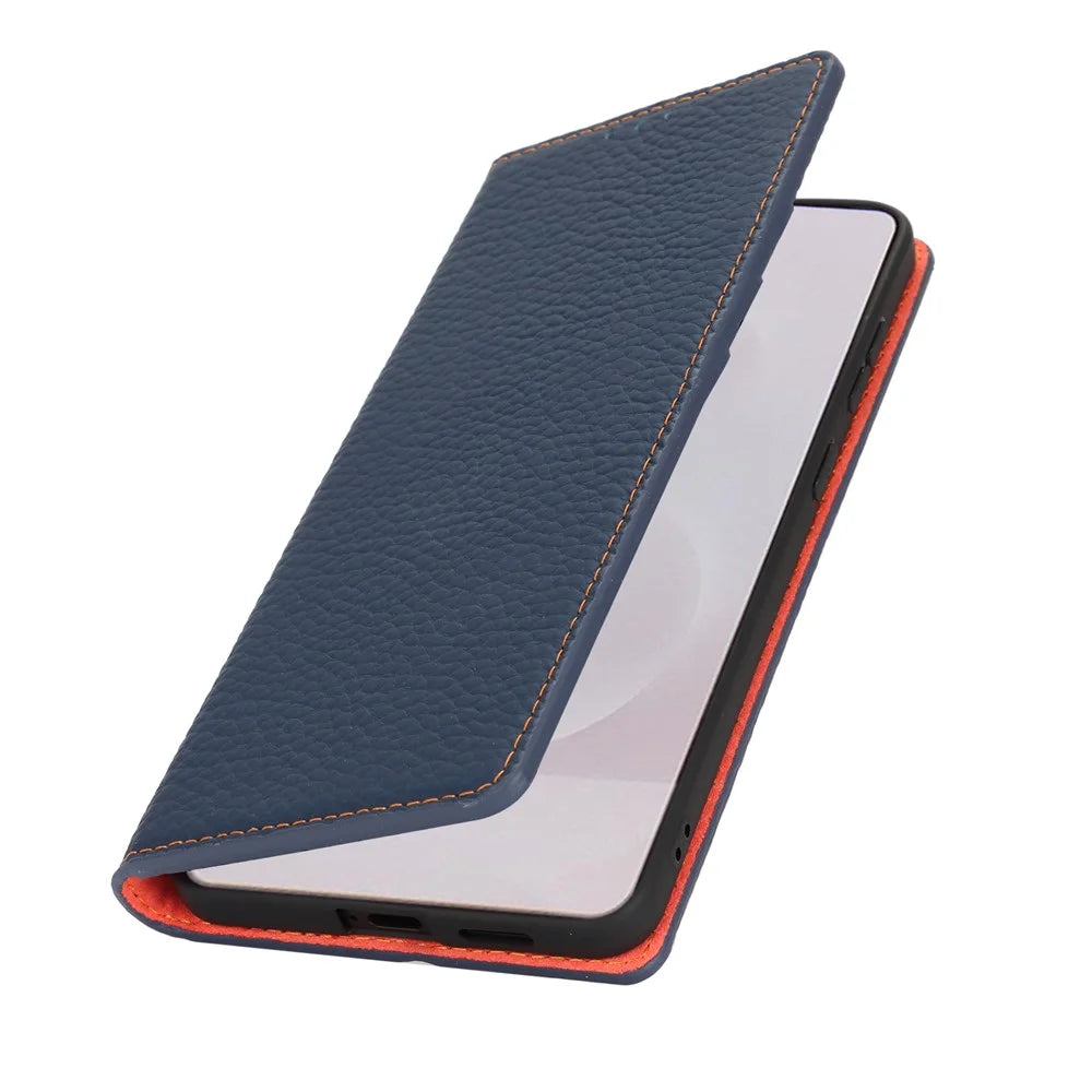 For Samsung Galaxy S25 Edge Wallet Case Genuine Cow Leather Phone Cover Litchi Texture - Dark Blue - 6