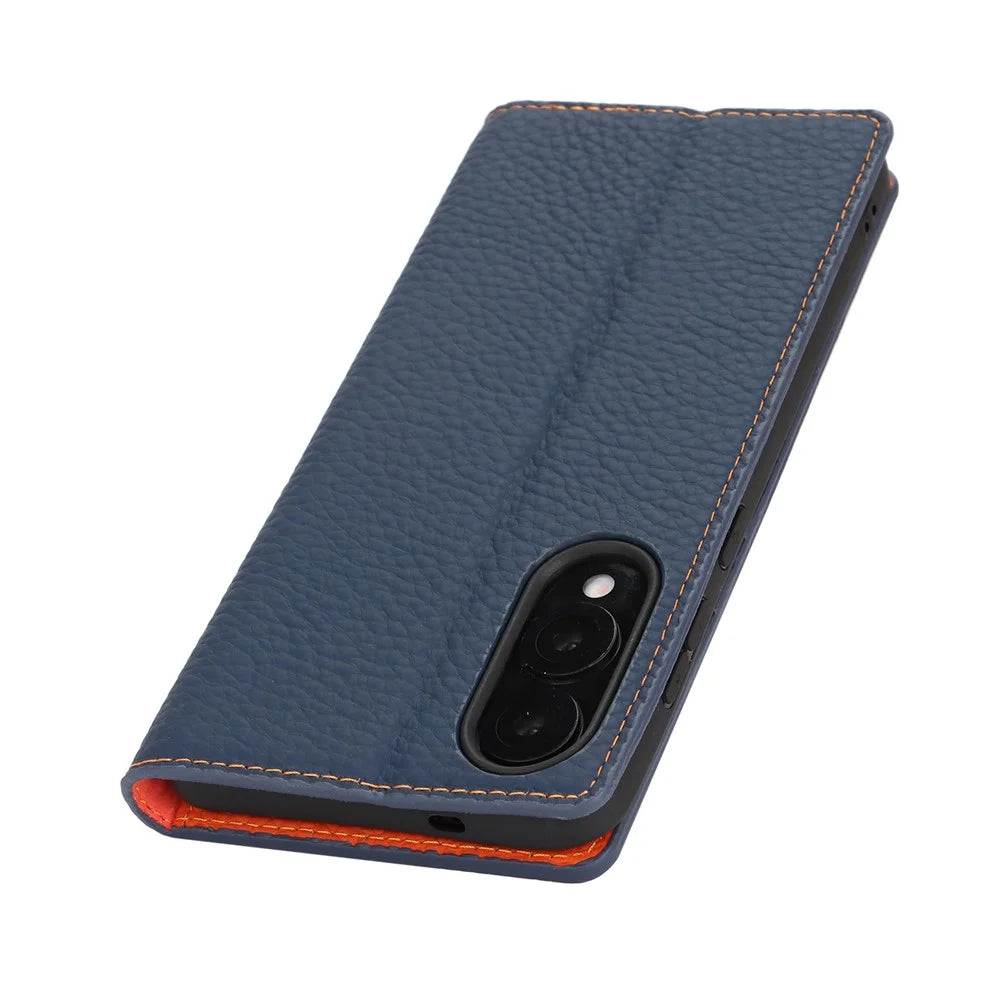 For Samsung Galaxy S25 Edge Wallet Case Genuine Cow Leather Phone Cover Litchi Texture - Dark Blue - 7