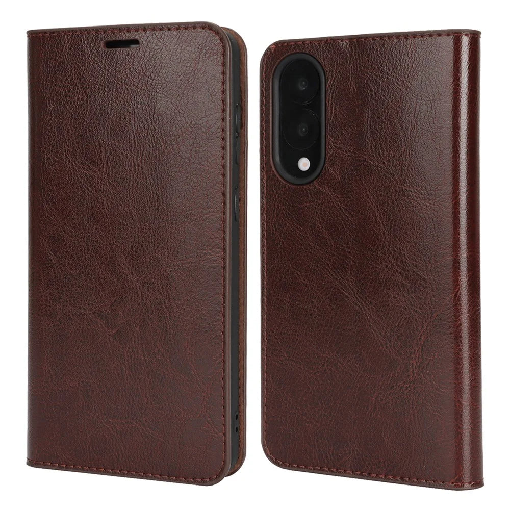 For Samsung Galaxy S25 Edge Case Crazy Horse Texture Split Leather Wallet Phone Cover - Dark Brown - 1