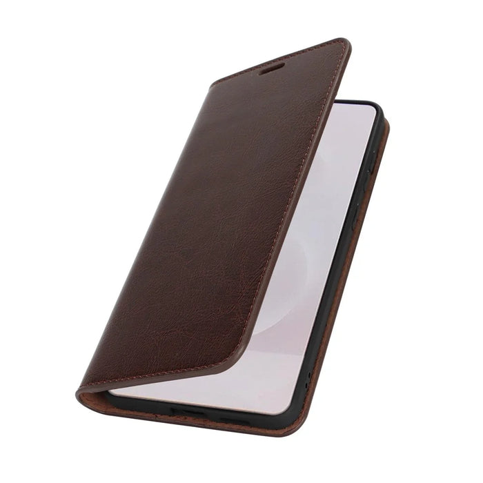 For Samsung Galaxy S25 Edge Case Crazy Horse Texture Split Leather Wallet Phone Cover - Dark Brown - 6
