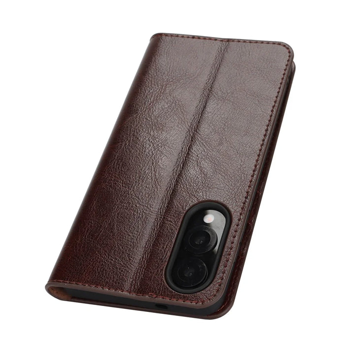 For Samsung Galaxy S25 Edge Case Crazy Horse Texture Split Leather Wallet Phone Cover - Dark Brown - 7