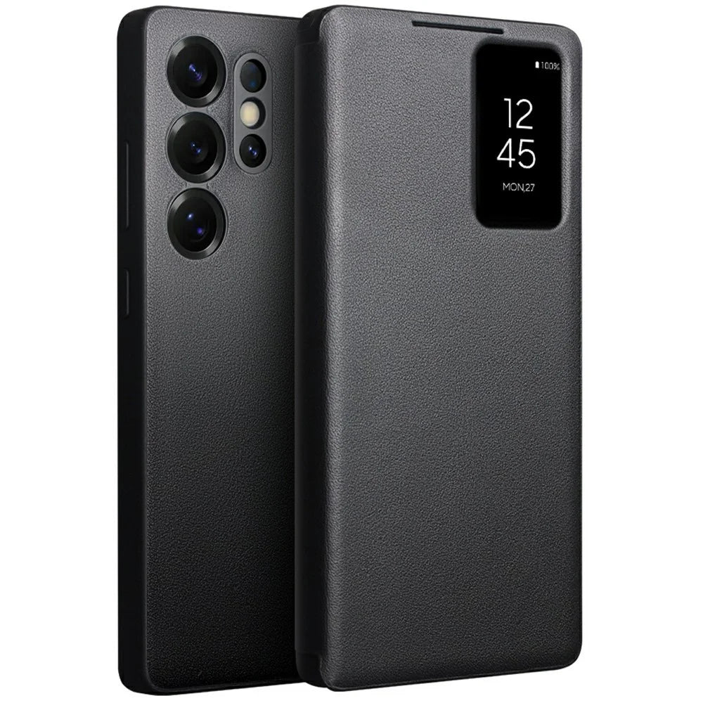 QIALINO For Samsung Galaxy S25 Ultra Case Auto Wake / Sleep View Window Genuine Cow Leather Phone Cover with Card Slot (APP Version) - Black - 1