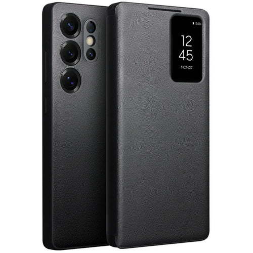 QIALINO For Samsung Galaxy S25 Ultra Case Auto Wake / Sleep View Window Genuine Cow Leather Phone Cover with Card Slot (APP Version) - Black - 1