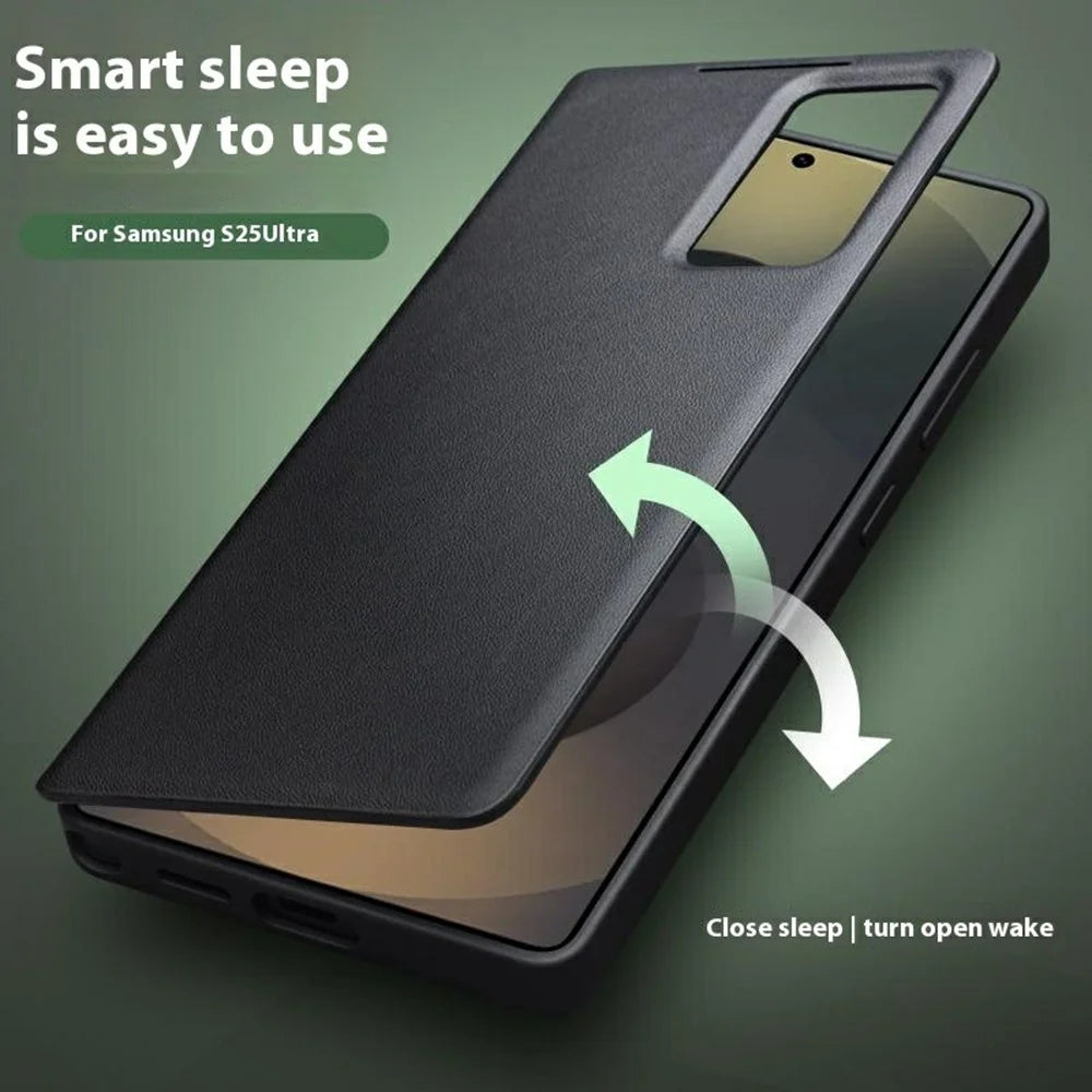 QIALINO For Samsung Galaxy S25 Ultra Case Auto Wake / Sleep View Window Genuine Cow Leather Phone Cover with Card Slot (APP Version) - Black - 3