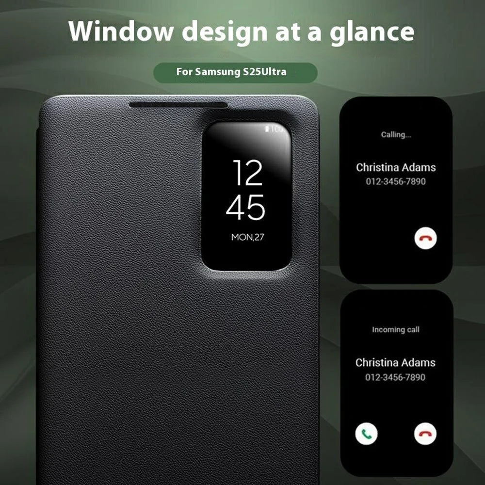QIALINO For Samsung Galaxy S25 Ultra Case Auto Wake / Sleep View Window Genuine Cow Leather Phone Cover with Card Slot (APP Version) - Black - 4
