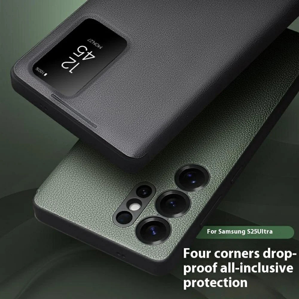 QIALINO For Samsung Galaxy S25 Ultra Case Auto Wake / Sleep View Window Genuine Cow Leather Phone Cover with Card Slot (APP Version) - Black - 5