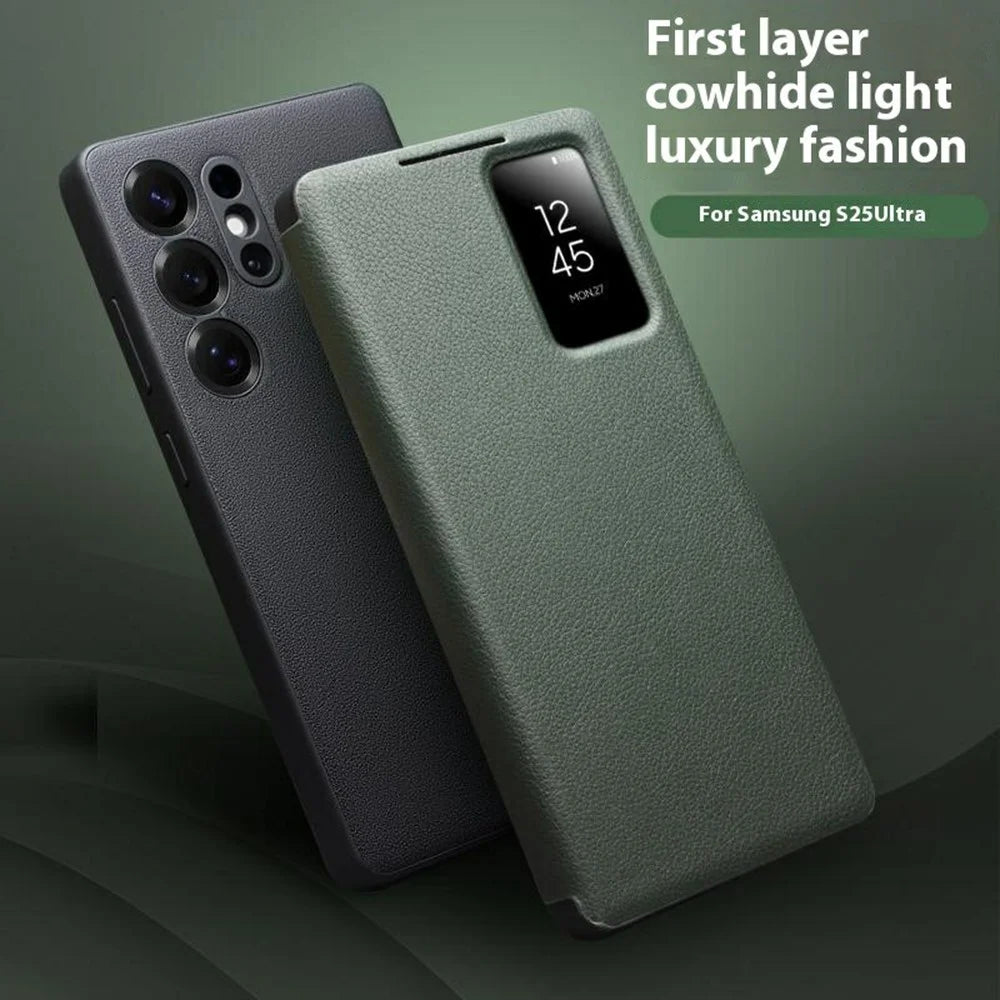 QIALINO For Samsung Galaxy S25 Ultra Case Auto Wake / Sleep View Window Genuine Cow Leather Phone Cover with Card Slot (APP Version) - Black - 6