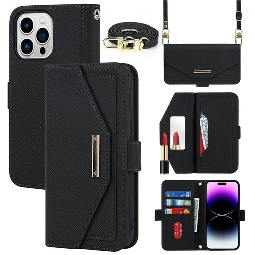 For iPhone 15 Pro Max Stand Case Cross Texture PU Leather Wallet Phone Cover with Shoulder Strap / Makeup Mirror - Black - 1