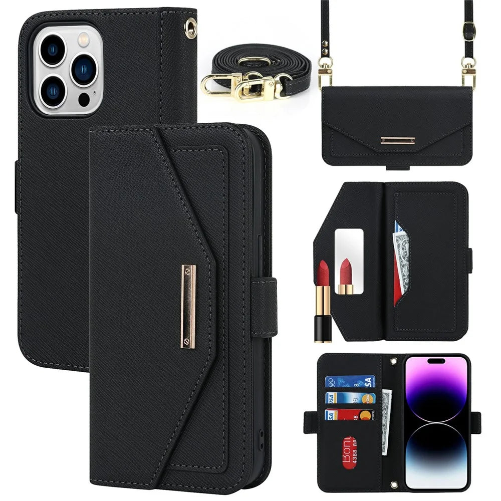 For iPhone 15 Pro Max Stand Case Cross Texture PU Leather Wallet Phone Cover with Shoulder Strap / Makeup Mirror - Black - 1