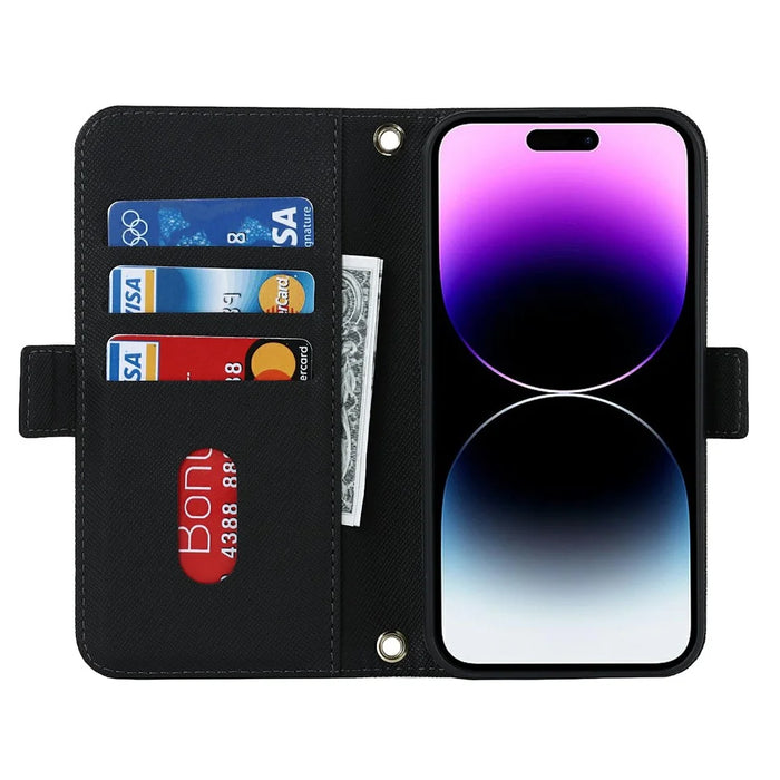For iPhone 15 Pro Max Stand Case Cross Texture PU Leather Wallet Phone Cover with Shoulder Strap / Makeup Mirror - Black - 3