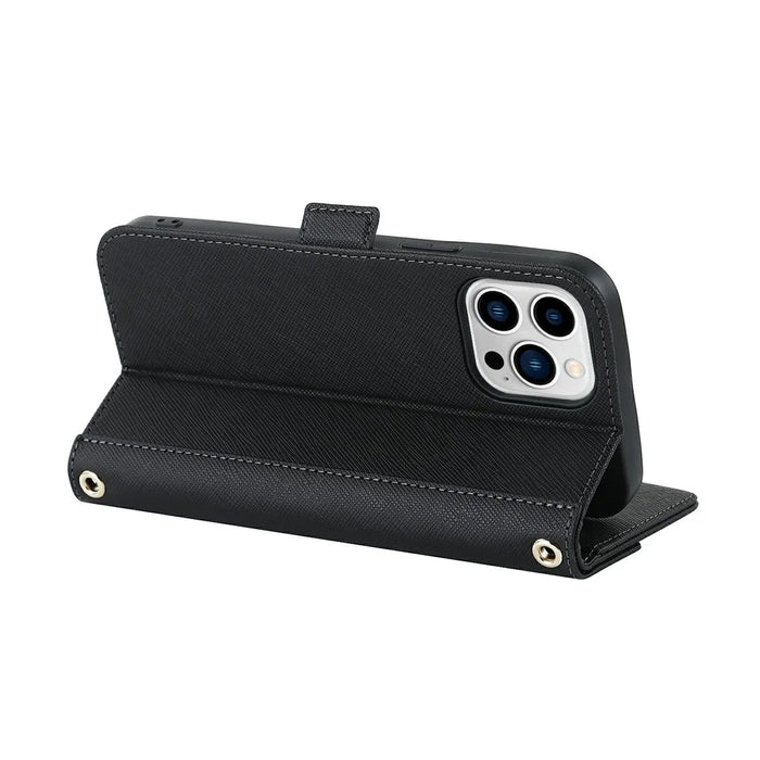 For iPhone 15 Pro Max Stand Case Cross Texture PU Leather Wallet Phone Cover with Shoulder Strap / Makeup Mirror - Black - 5