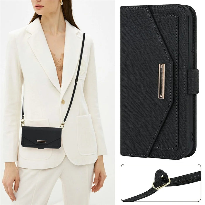 For iPhone 15 Pro Max Stand Case Cross Texture PU Leather Wallet Phone Cover with Shoulder Strap / Makeup Mirror - Black - 7