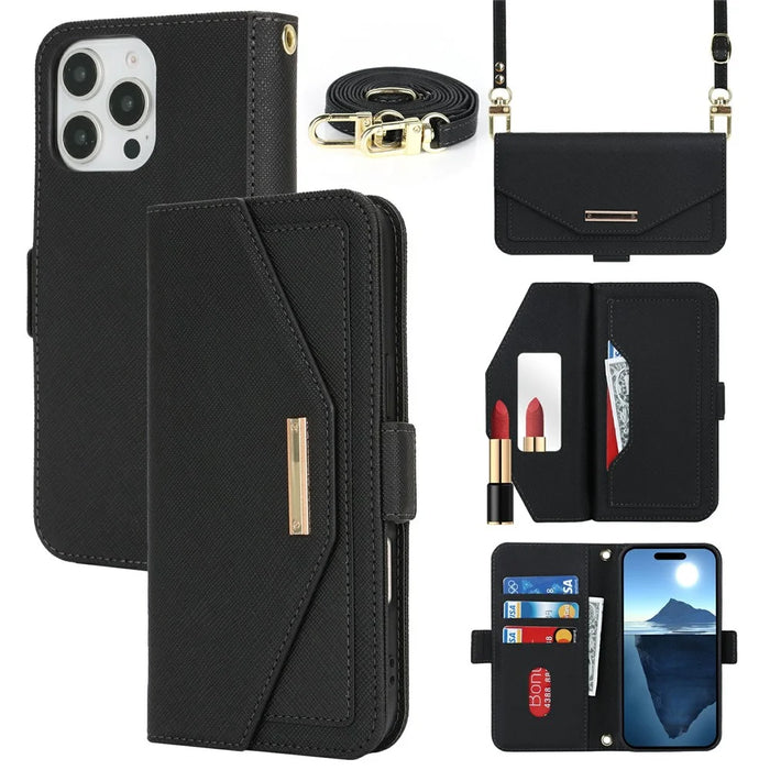 For iPhone 16 Pro Stand Case Cross Texture PU Leather Wallet Phone Cover with Shoulder Strap / Makeup Mirror - Black - 1