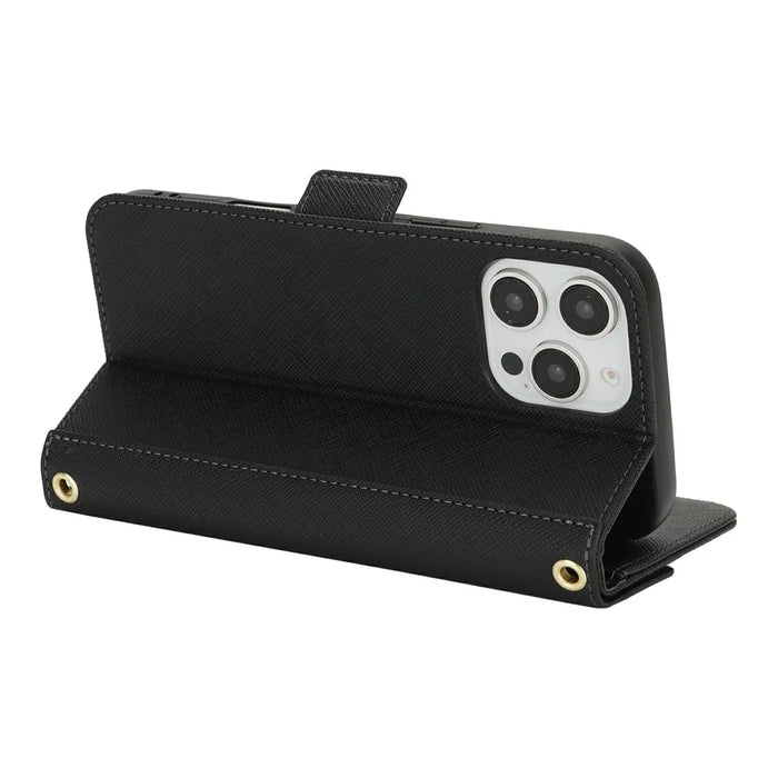 For iPhone 16 Pro Stand Case Cross Texture PU Leather Wallet Phone Cover with Shoulder Strap / Makeup Mirror - Black - 4