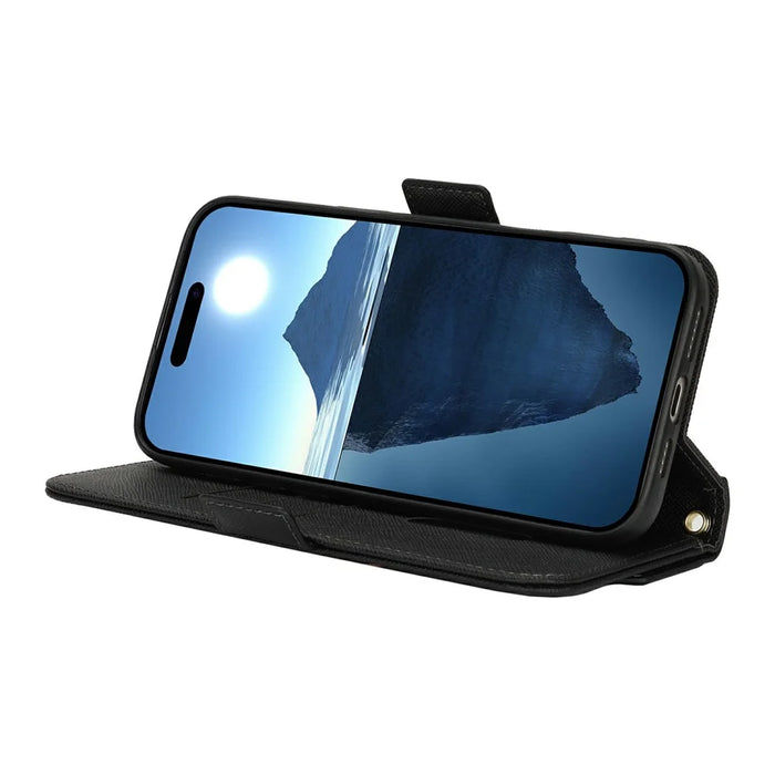 For iPhone 16 Pro Stand Case Cross Texture PU Leather Wallet Phone Cover with Shoulder Strap / Makeup Mirror - Black - 5