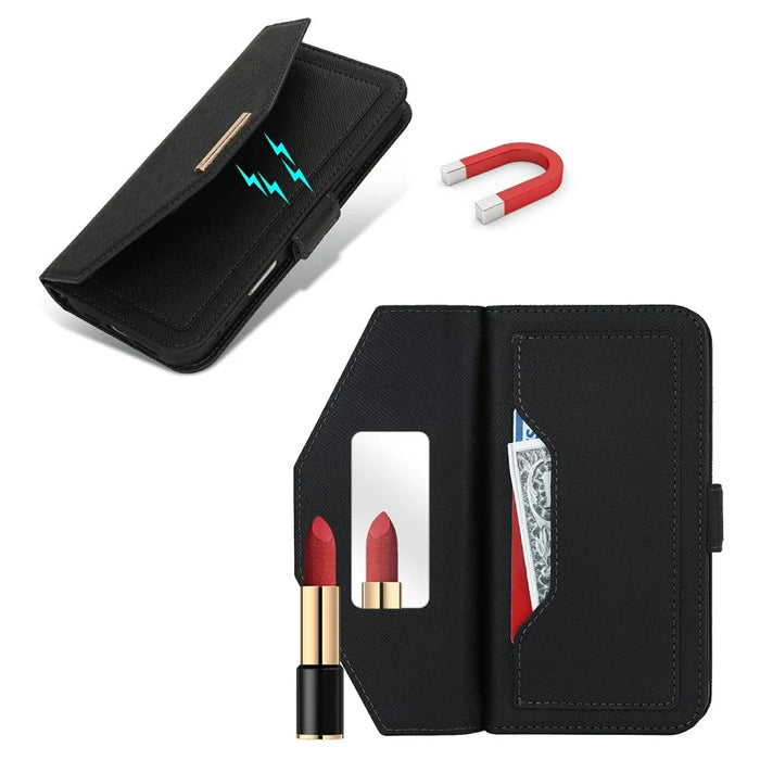 For iPhone 16 Pro Stand Case Cross Texture PU Leather Wallet Phone Cover with Shoulder Strap / Makeup Mirror - Black - 6