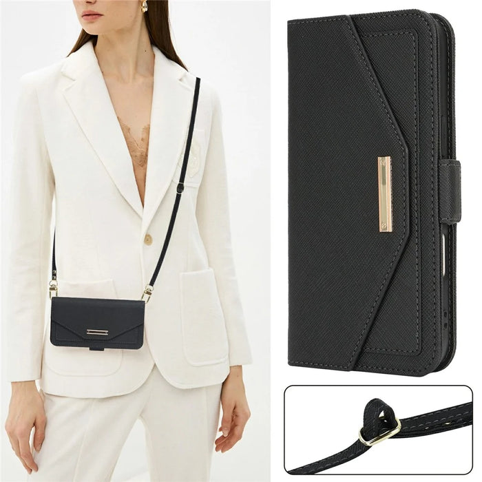 For iPhone 16 Pro Stand Case Cross Texture PU Leather Wallet Phone Cover with Shoulder Strap / Makeup Mirror - Black - 7
