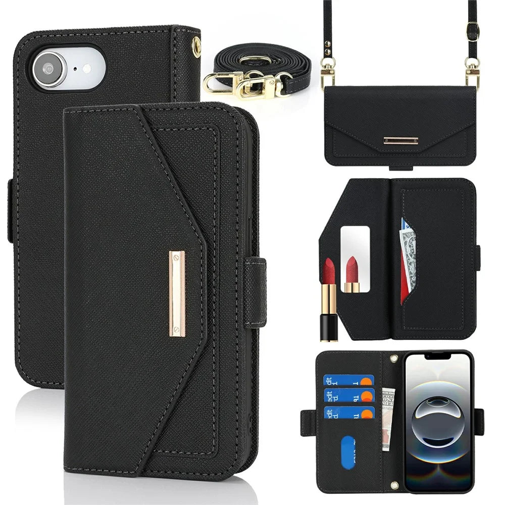For iPhone 17e / 16e Stand Case Cross Texture PU Leather Wallet Phone Cover with Shoulder Strap / Makeup Mirror - Black - 1