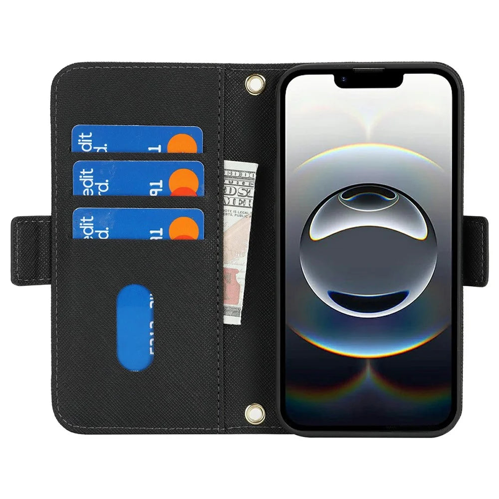 For iPhone 17e / 16e Stand Case Cross Texture PU Leather Wallet Phone Cover with Shoulder Strap / Makeup Mirror - Black - 3