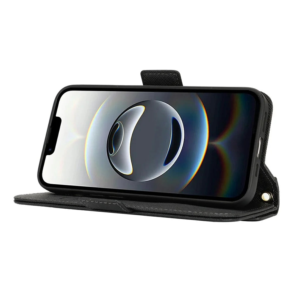 For iPhone 17e / 16e Stand Case Cross Texture PU Leather Wallet Phone Cover with Shoulder Strap / Makeup Mirror - Black - 4