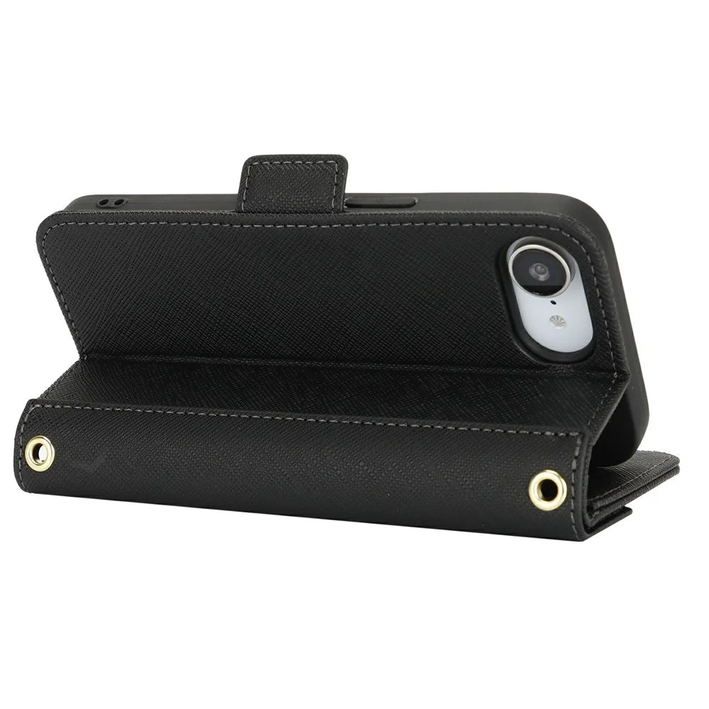 For iPhone 17e / 16e Stand Case Cross Texture PU Leather Wallet Phone Cover with Shoulder Strap / Makeup Mirror - Black - 5