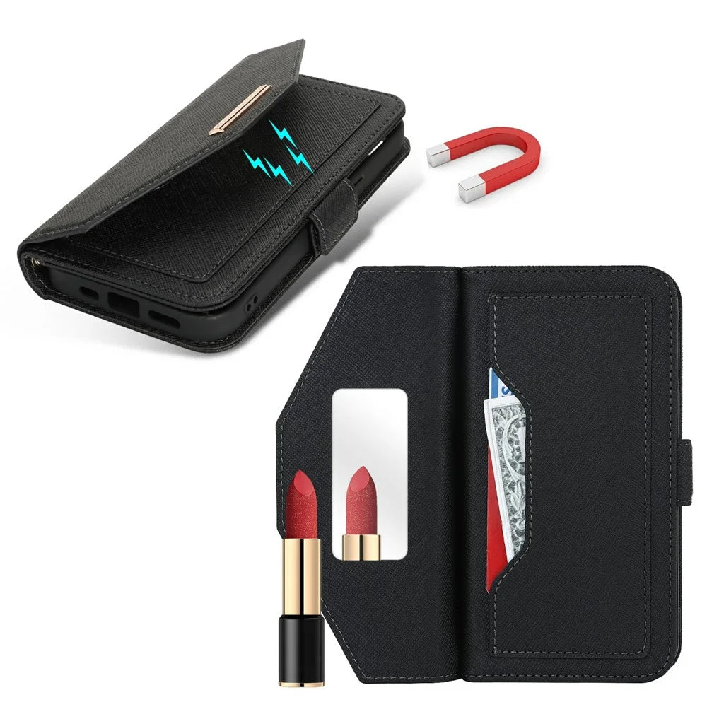 For iPhone 17e / 16e Stand Case Cross Texture PU Leather Wallet Phone Cover with Shoulder Strap / Makeup Mirror - Black - 6