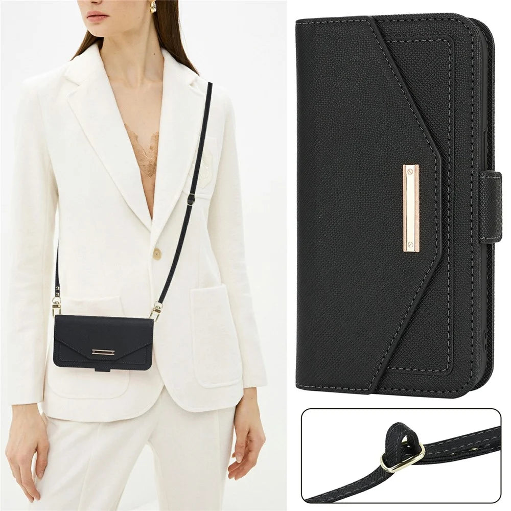 For iPhone 17e / 16e Stand Case Cross Texture PU Leather Wallet Phone Cover with Shoulder Strap / Makeup Mirror - Black - 7