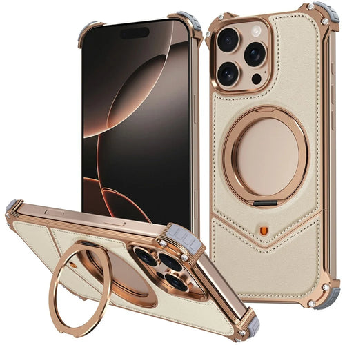 For iPhone 16 Pro Case PU Covered Metal Boardless Phone Back Cover with Kickstand - Desert Gold - 1