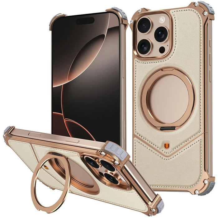 For iPhone 16 Pro Case PU Covered Metal Boardless Phone Back Cover with Kickstand - Desert Gold - 1
