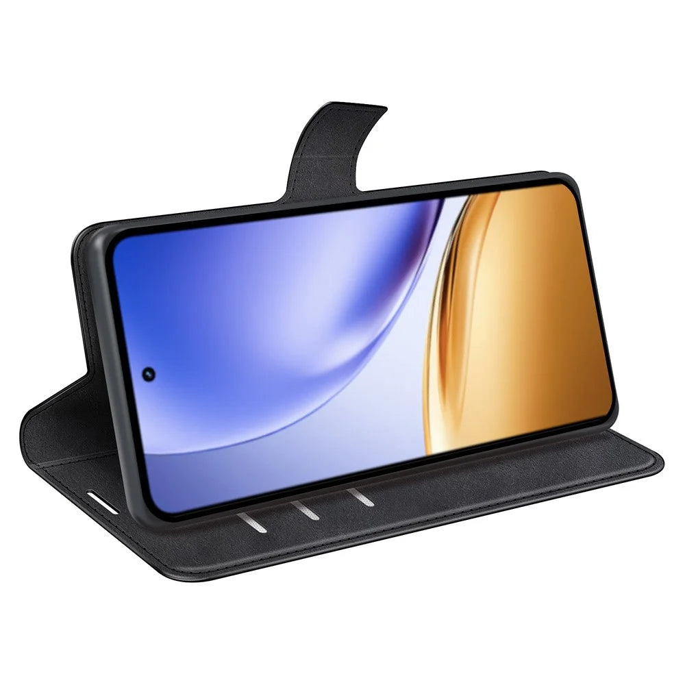 For Realme 14 5G Stand Case Anti-Scratch Calf Texture Leather Phone Cover - Black - 3