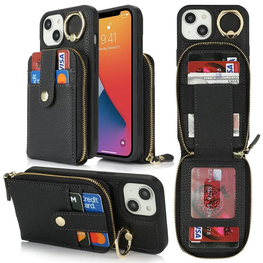 For iPhone 14 / 13 Case with Zipper Pouch / Ring Kickstand / Strap Litchi Texture PU + TPU Phone Cover - Black - 1