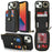 For iPhone 14 / 13 Case with Zipper Pouch / Ring Kickstand / Strap Litchi Texture PU + TPU Phone Cover - Black - 1