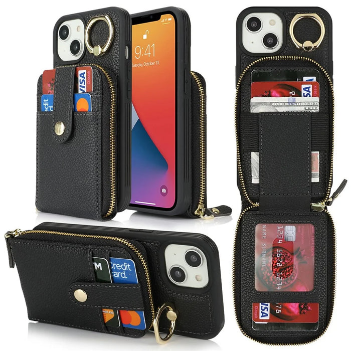 For iPhone 14 / 13 Case with Zipper Pouch / Ring Kickstand / Strap Litchi Texture PU + TPU Phone Cover - Black - 1