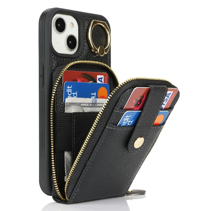For iPhone 14 / 13 Case with Zipper Pouch / Ring Kickstand / Strap Litchi Texture PU + TPU Phone Cover - Black - 2